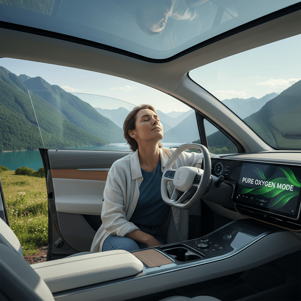 Person opening car door breathing in fresh clean air inside modern vehicle interior