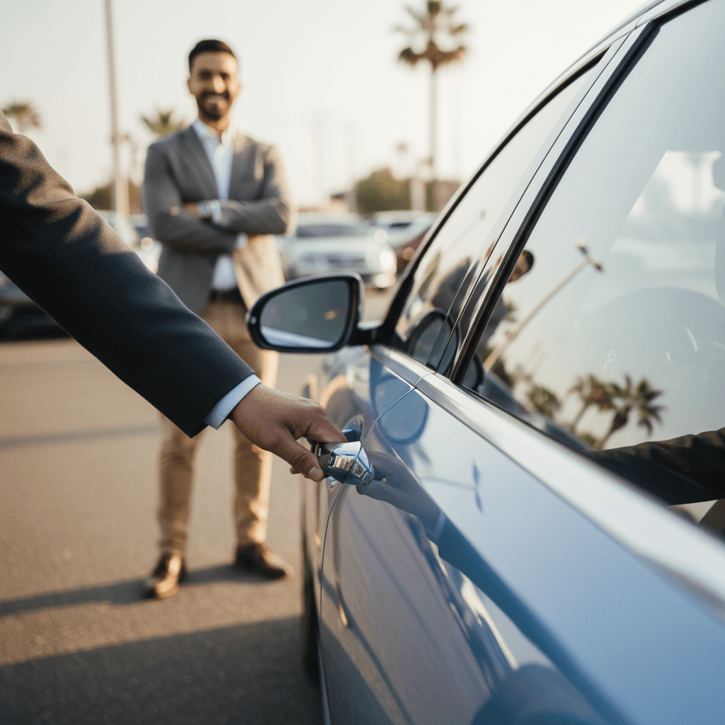 Sales professional greeting client at a pristine, freshly washed vehicle