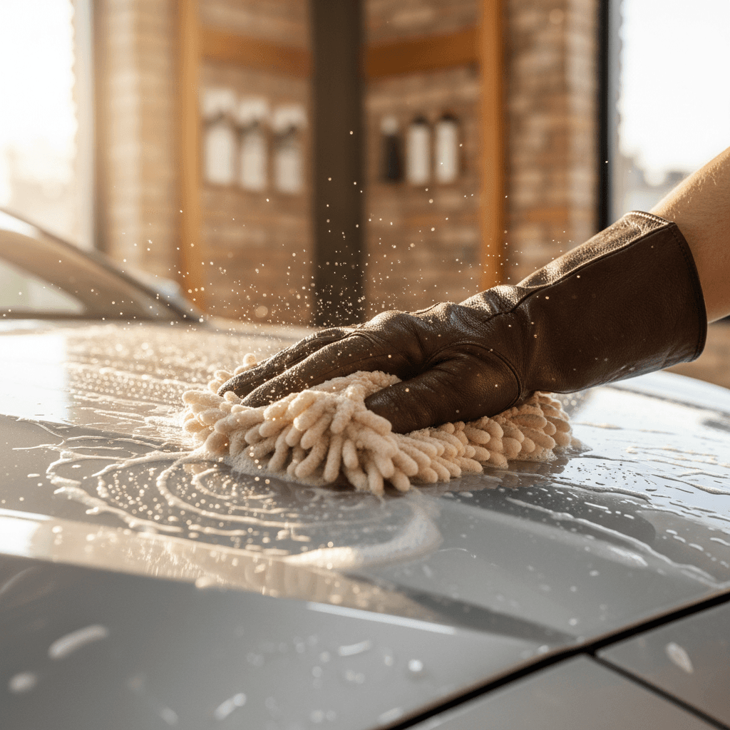 Hand washing car with microfiber mitt
