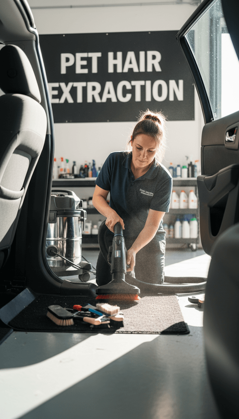 Technician removing pet hair from vehicle interior with specialized equipment