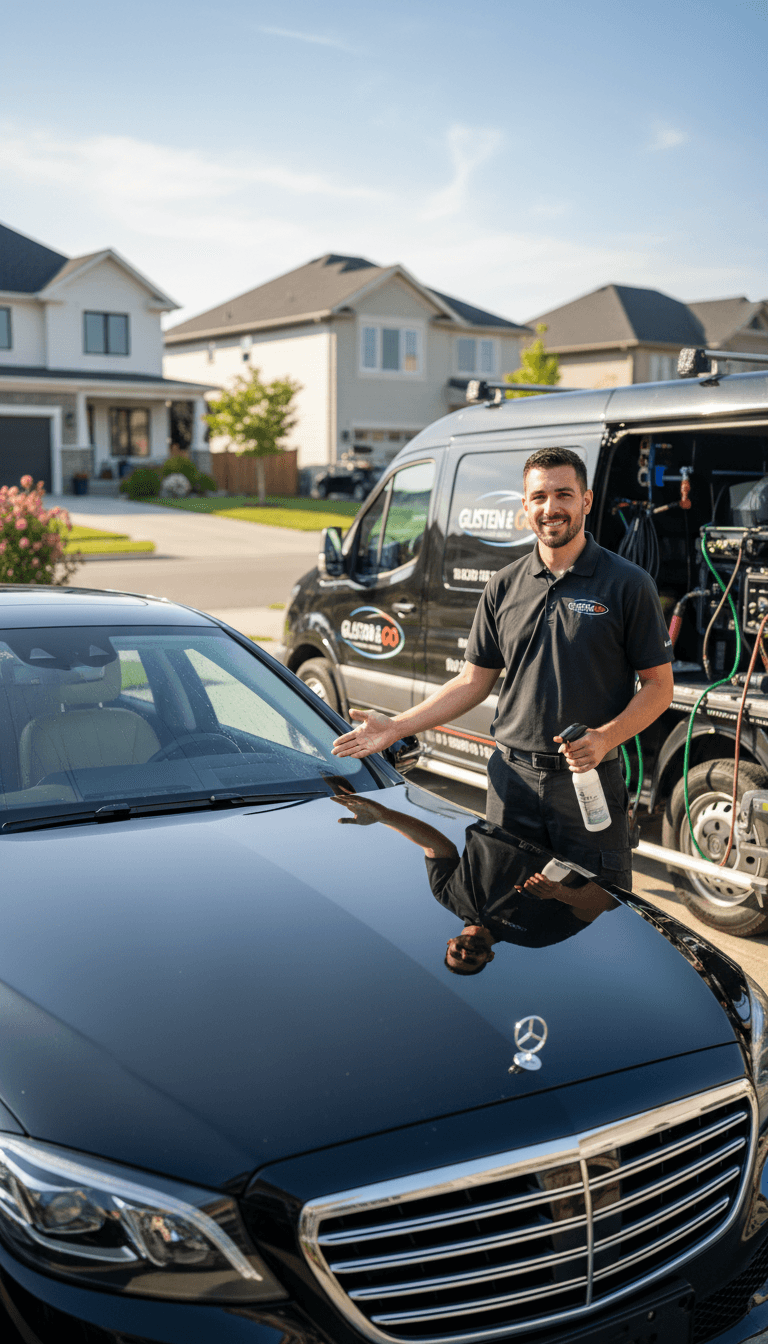 Mobile detailing technician with completed vehicle in residential setting