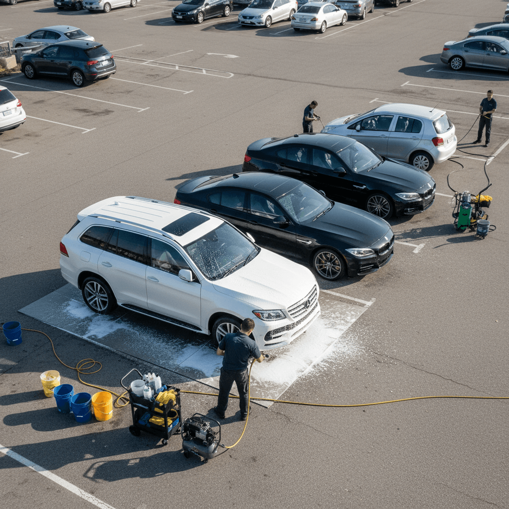 Mobile detailing operation serving multiple fleet vehicles in commercial lot