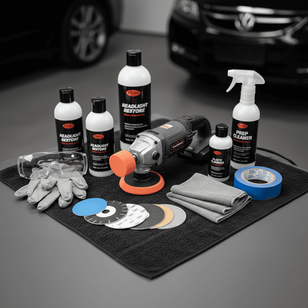 Close-up of professional detailing tools and polishing materials used for headlight restoration service