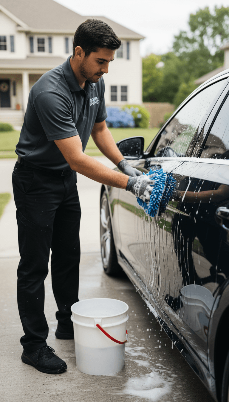 MAGIC MIKE CARWASH technician hand-washing a car exterior