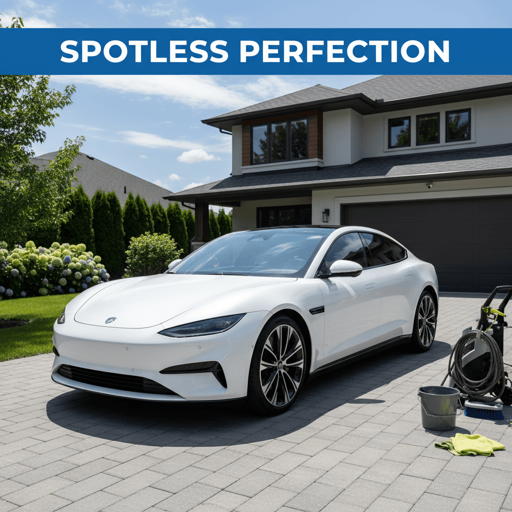 Fully detailed vehicle gleaming in residential driveway