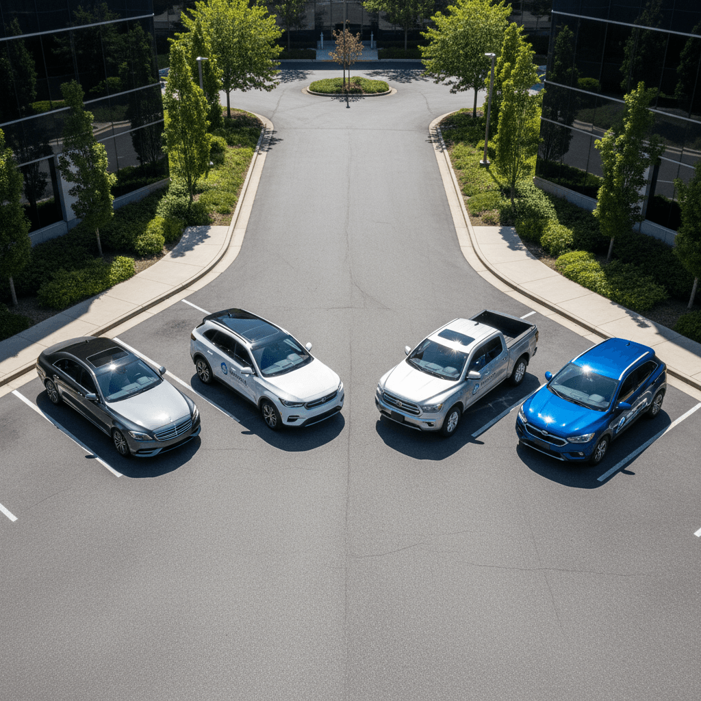 Row of pristine fleet vehicles lined up in corporate parking lot