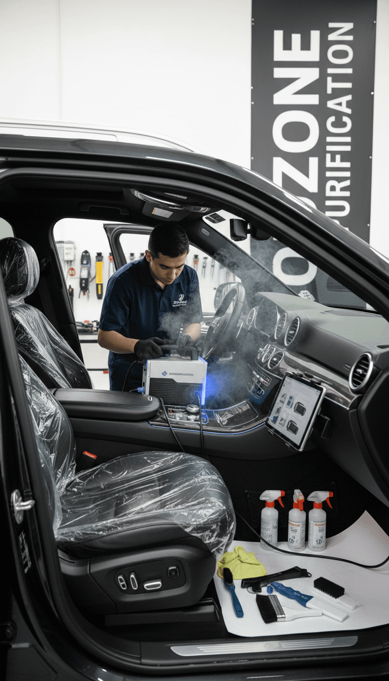 Professional car interior detailing technician using ozone treatment equipment in vehicle cabin