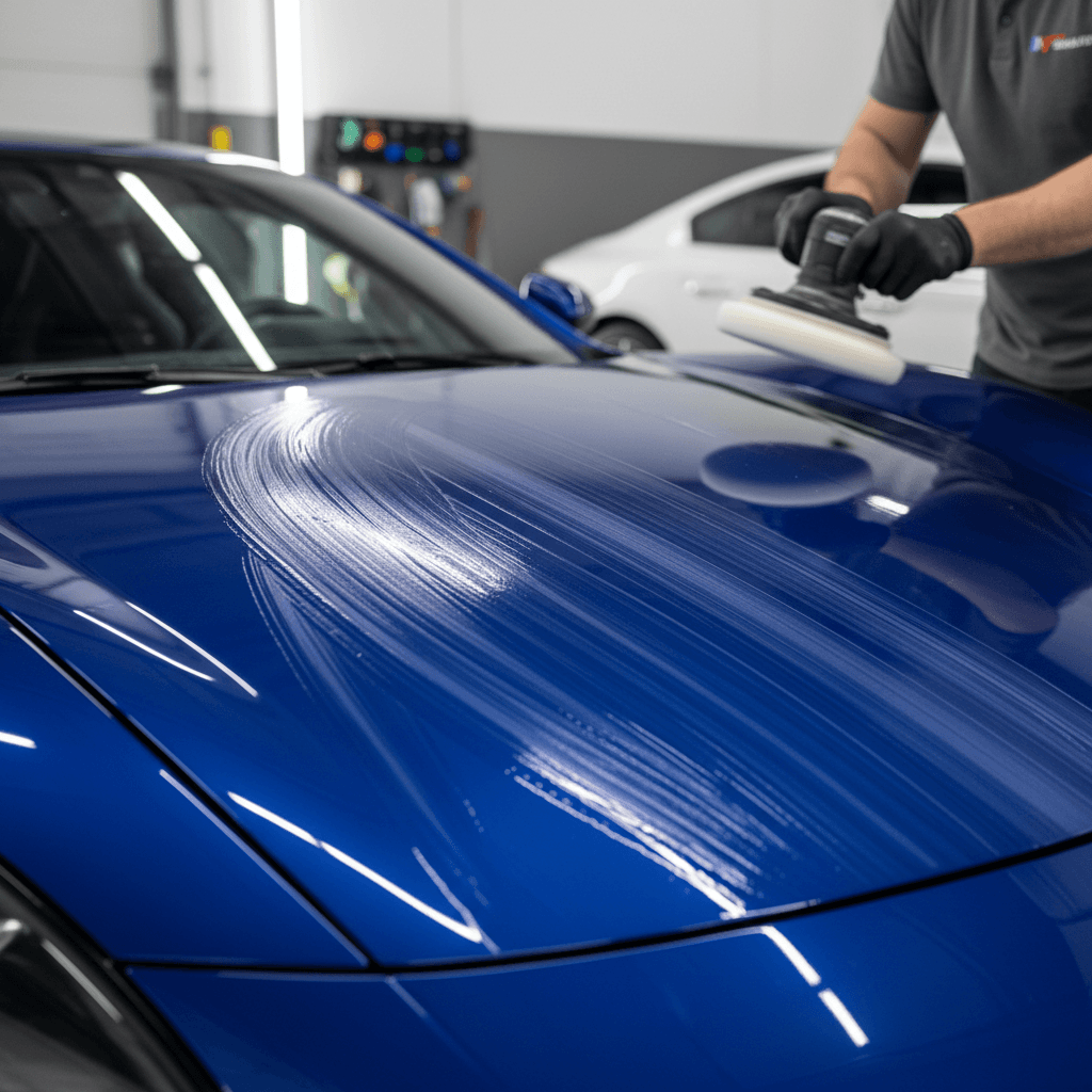 Ceramic coating being applied to car paint with professional buffer creating glossy finish