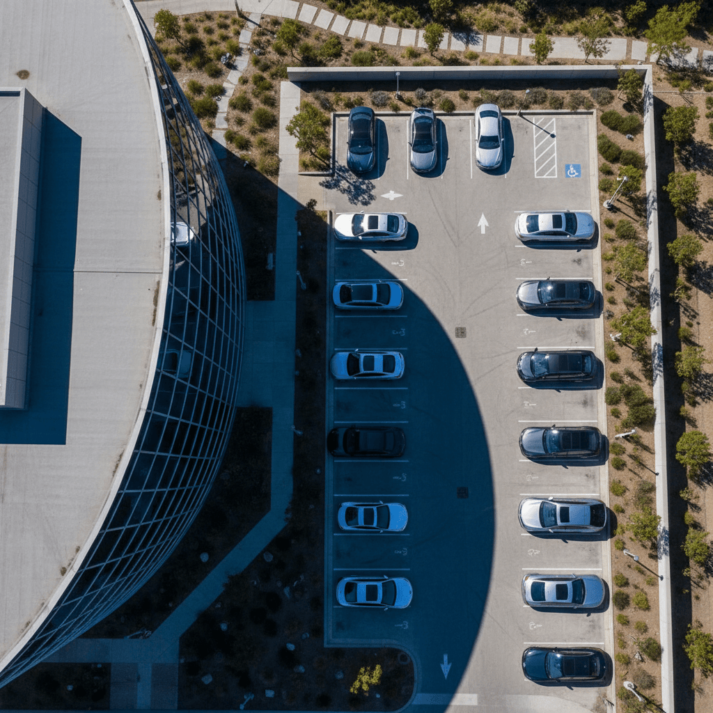 Executive parking area with freshly detailed company vehicles outside modern office