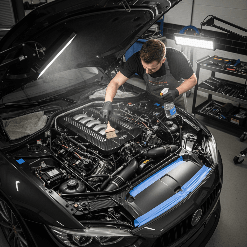 Engine bay cleaning showing detailed component care