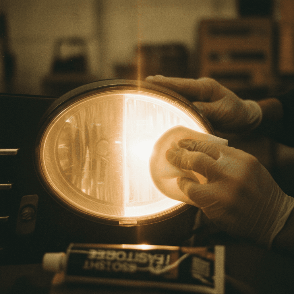 Headlight restoration showing oxidation removal and clarity improvement
