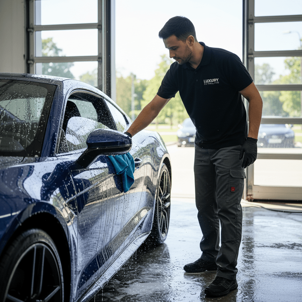 Mobile car detailing technician cleaning vehicle exterior