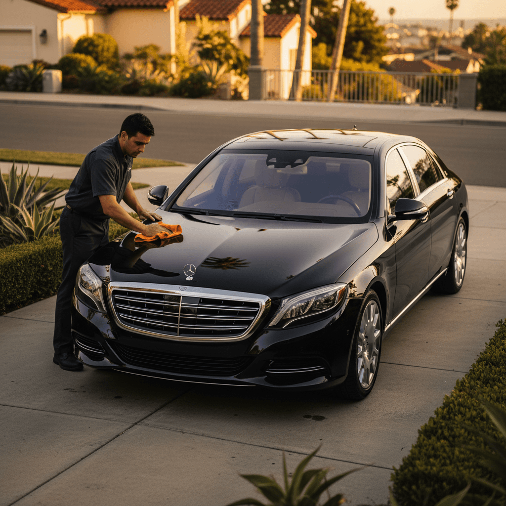 Detailing technician polishing a luxury vehicle in Coronado driveway