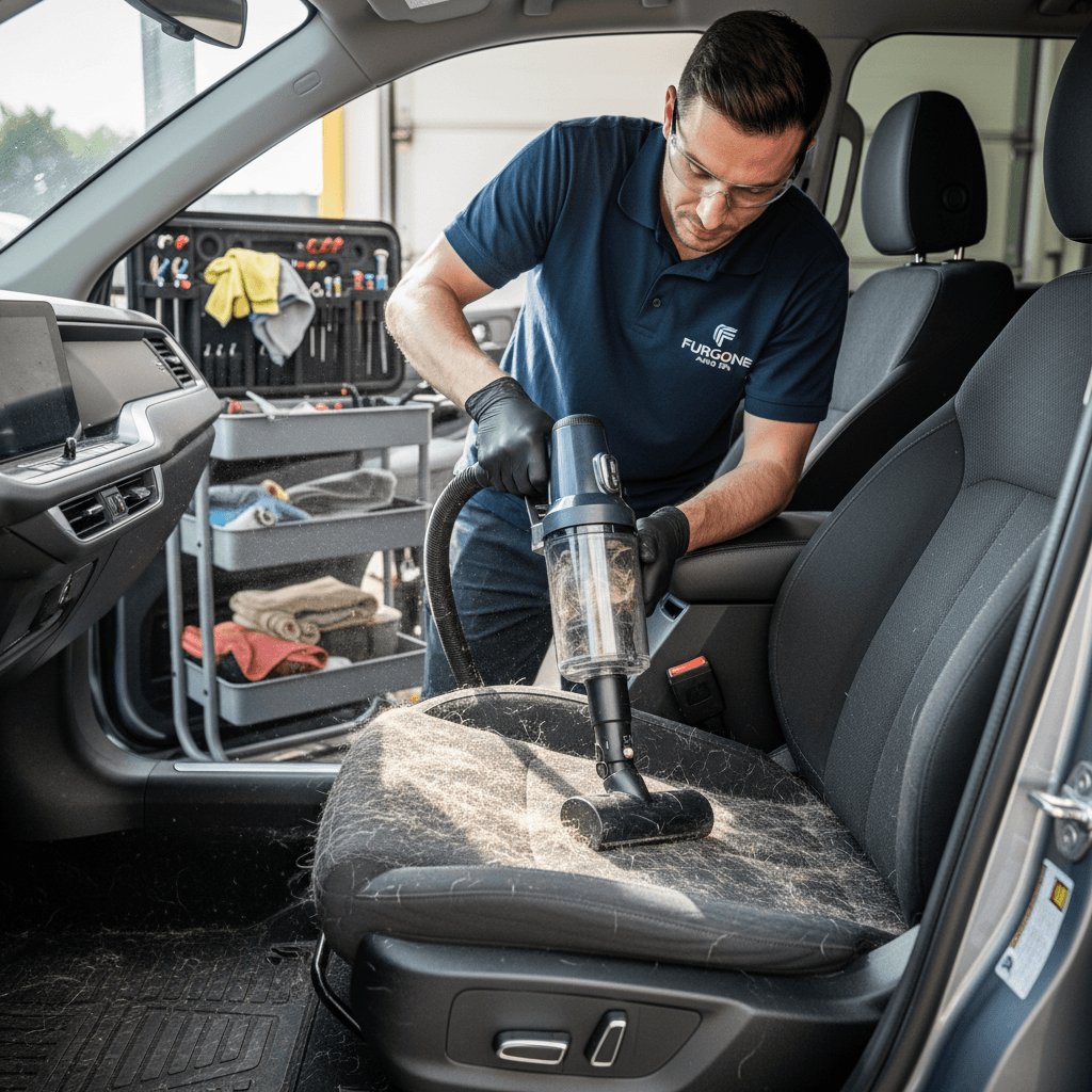 Technician performing professional smoke odor removal treatment inside vehicle interior