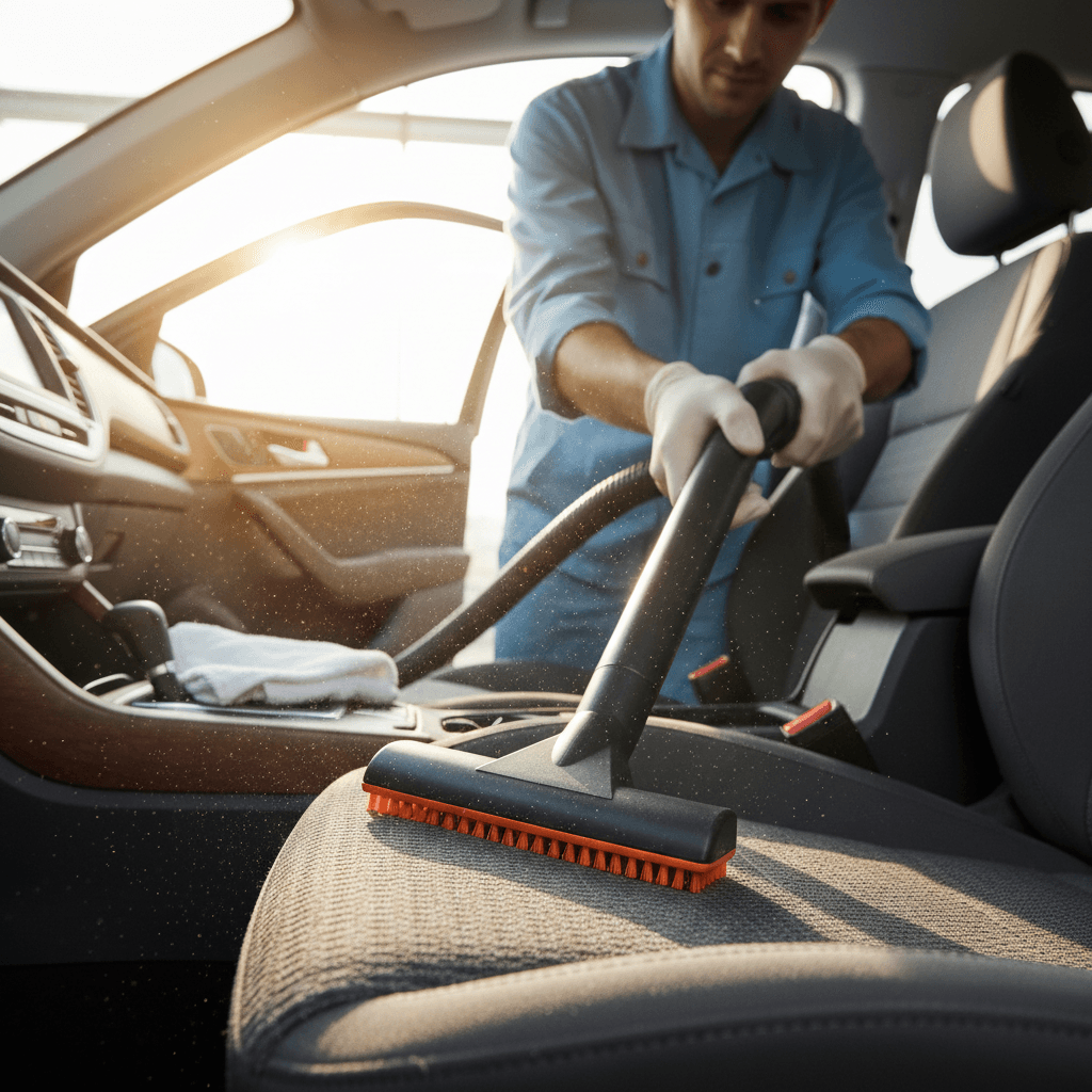 Technician vacuuming vehicle interior seats and carpet