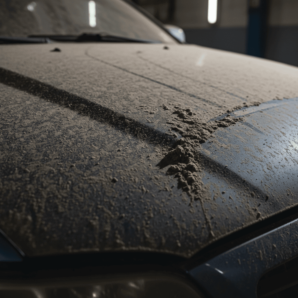 Car hood covered in dirt and water spots before detailing