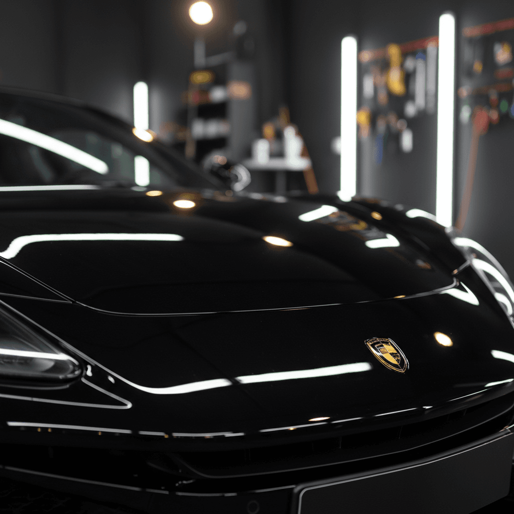 Closeup of pristine glossy car finish reflecting protective shine from professional detailing