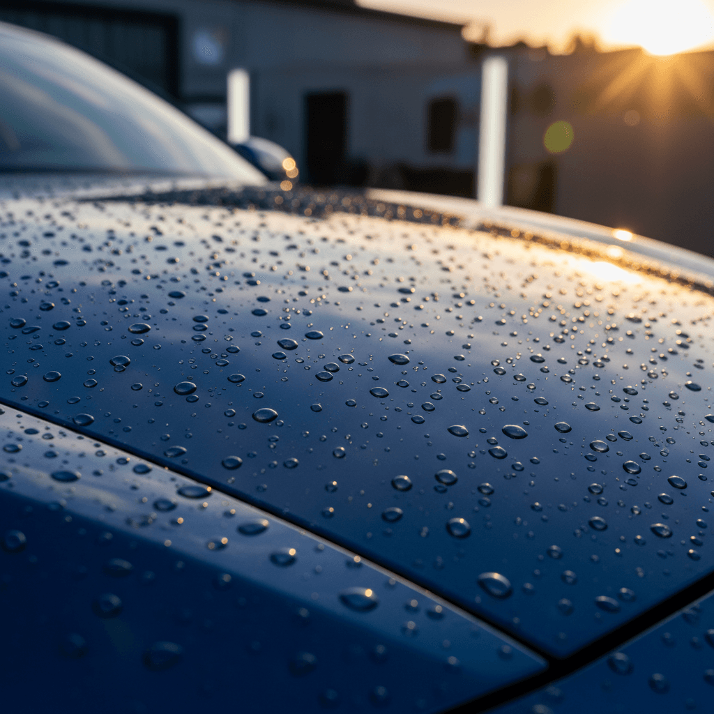 Freshly detailed car hood with glossy finish in sunlight
