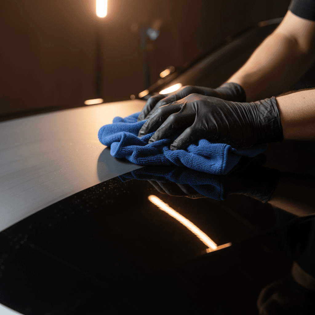 Technician polishing car hood to glossy finish