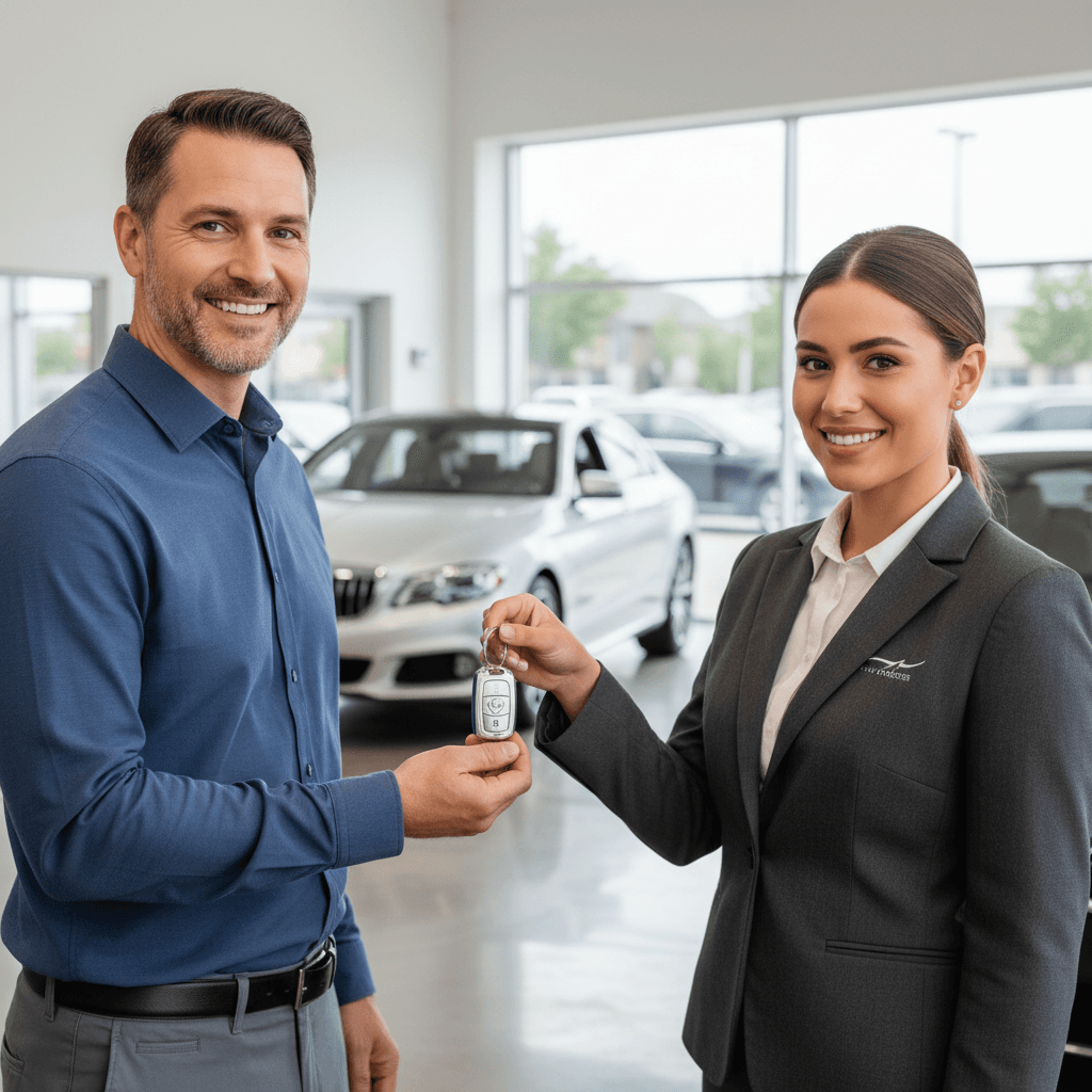 Satisfied customer receiving car keys with confident smile from service professional