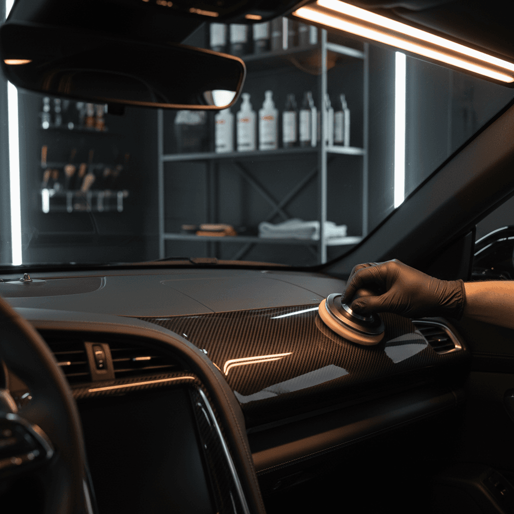 A dark, dramatic luxury aesthetic medium shot of a technician's hands applying ceramic coating to a car's interior dashboard.