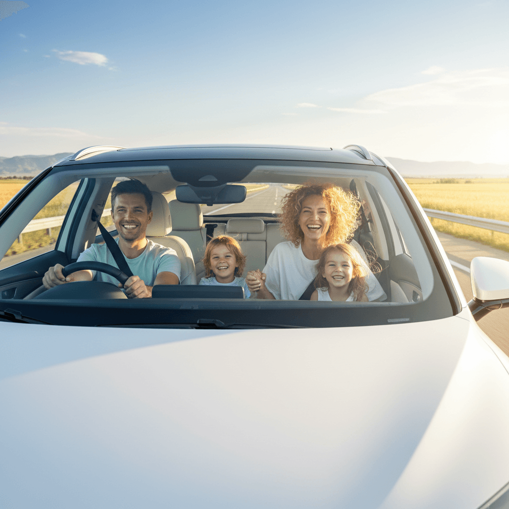 Happy family inside clean car driving on sunny highway with windows open