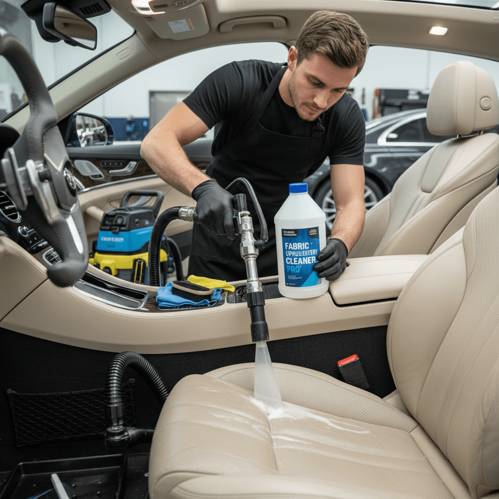 Professional detailer cleaning car upholstery and fabric seats with specialized equipment