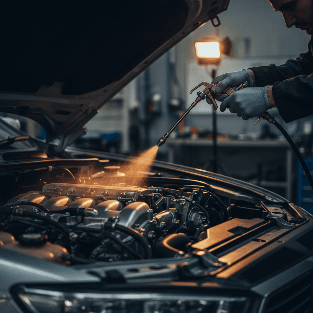 Technician degreasing and detailing vehicle engine bay