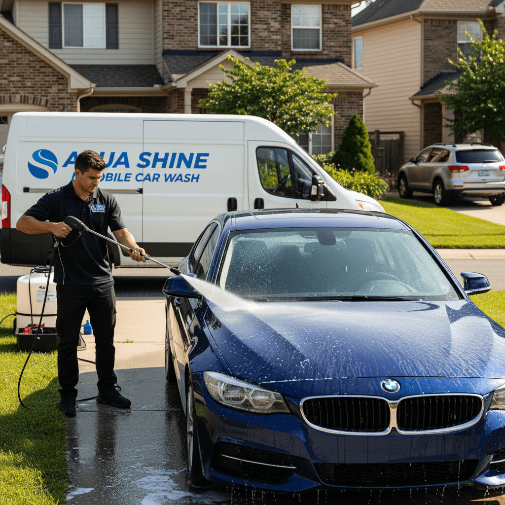 Mobile car wash technician washing vehicle in residential driveway