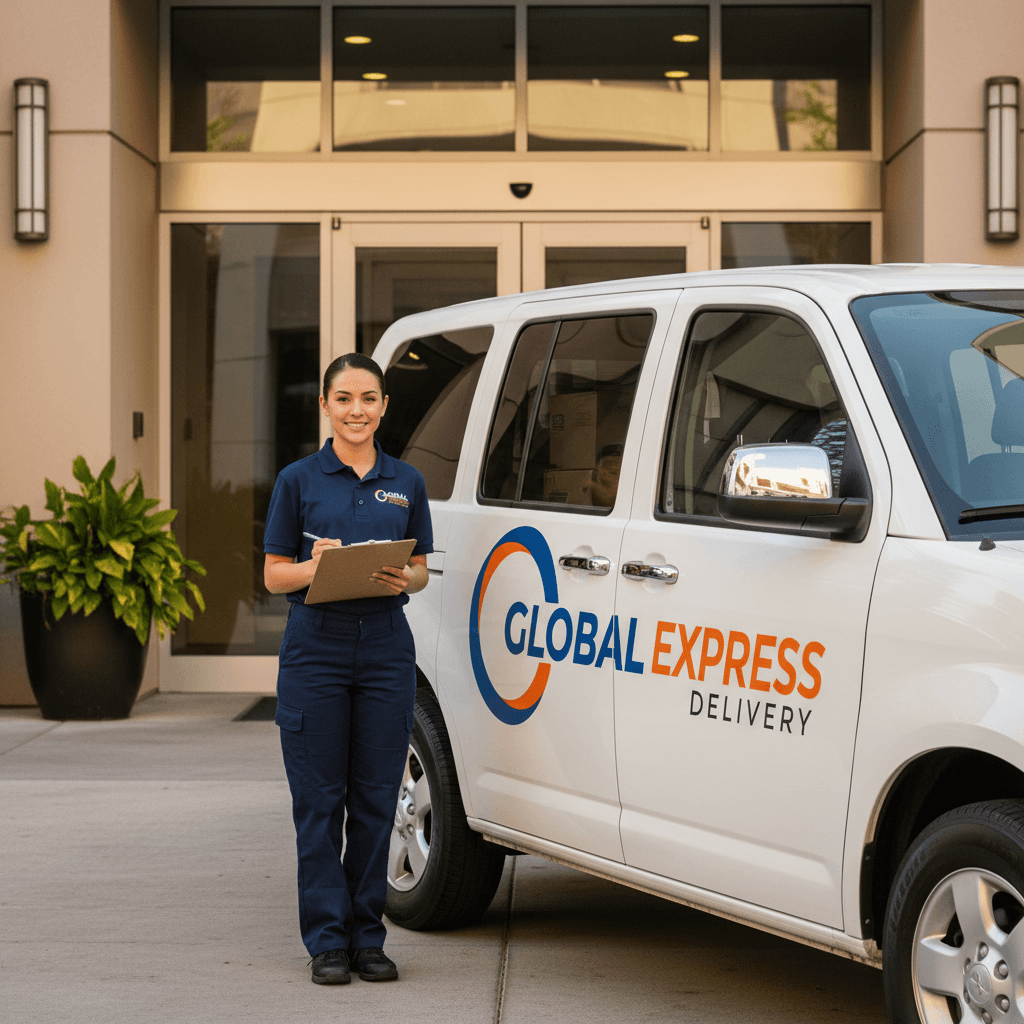 Delivery professional standing next to spotless, freshly washed transport vehicle