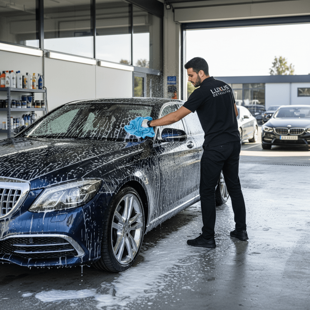 Professional detailer washing a car