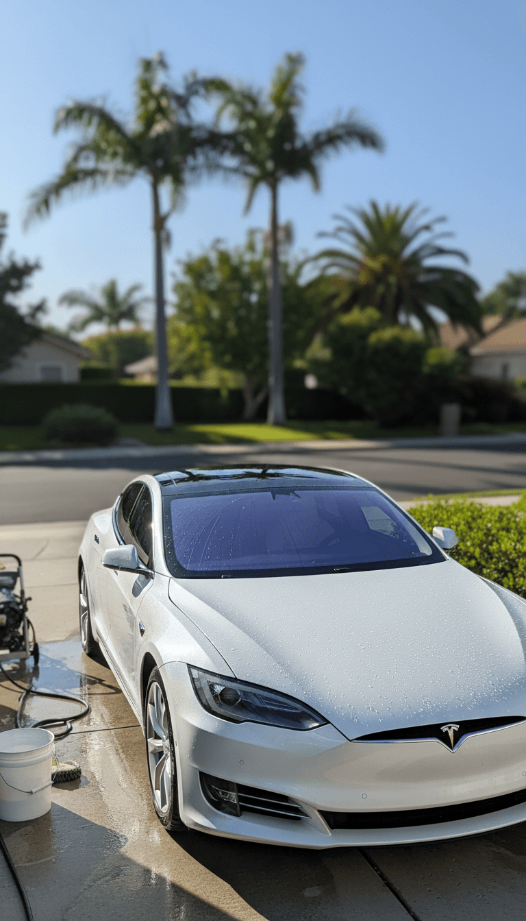 Freshly detailed Tesla with glistening finish in California driveway
