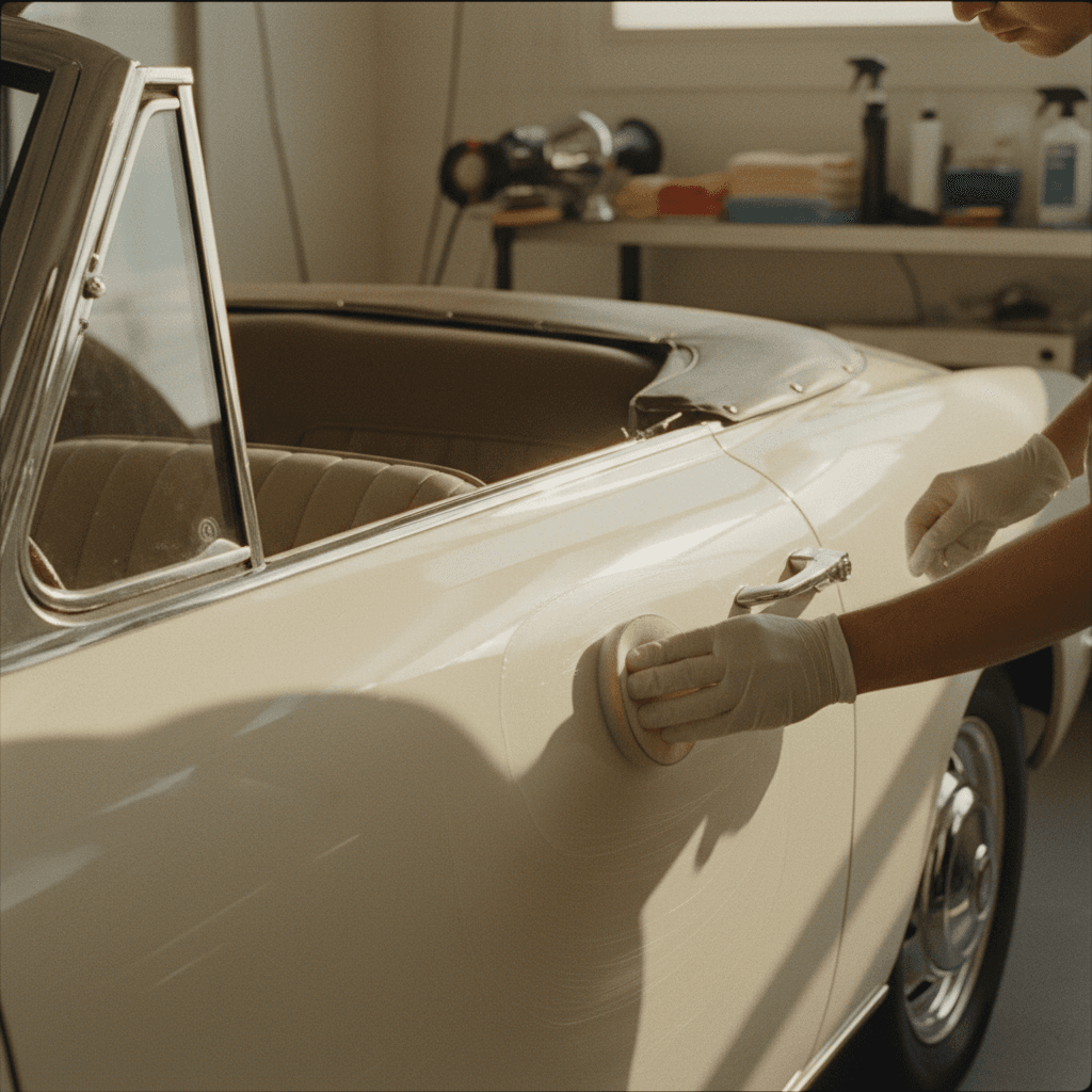Hand wax being applied to car side panel in natural light