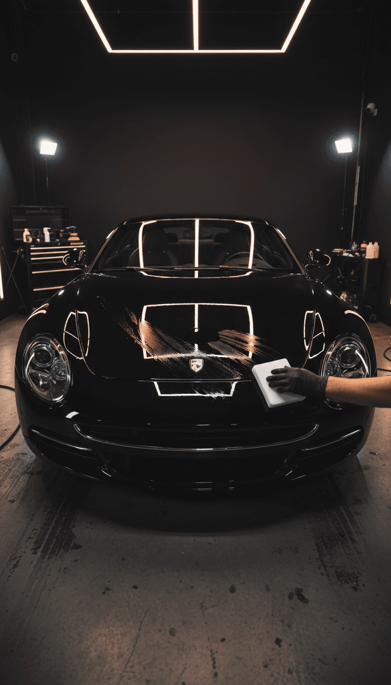 Professional ceramic coating application on vehicle hood in detailing bay