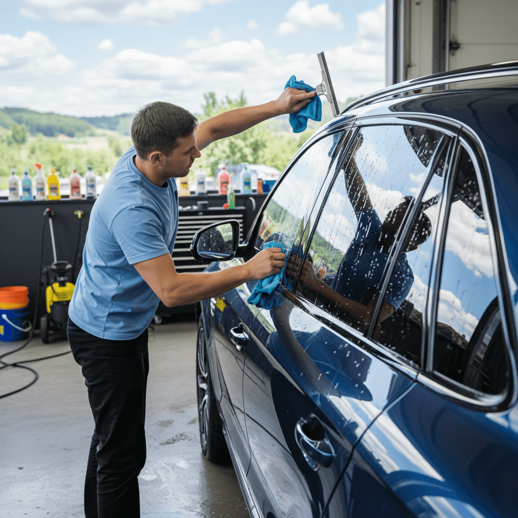 Detailer cleaning and polishing vehicle window glass