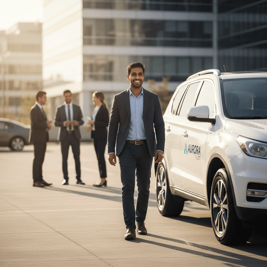 Employee appreciating a freshly washed company vehicle