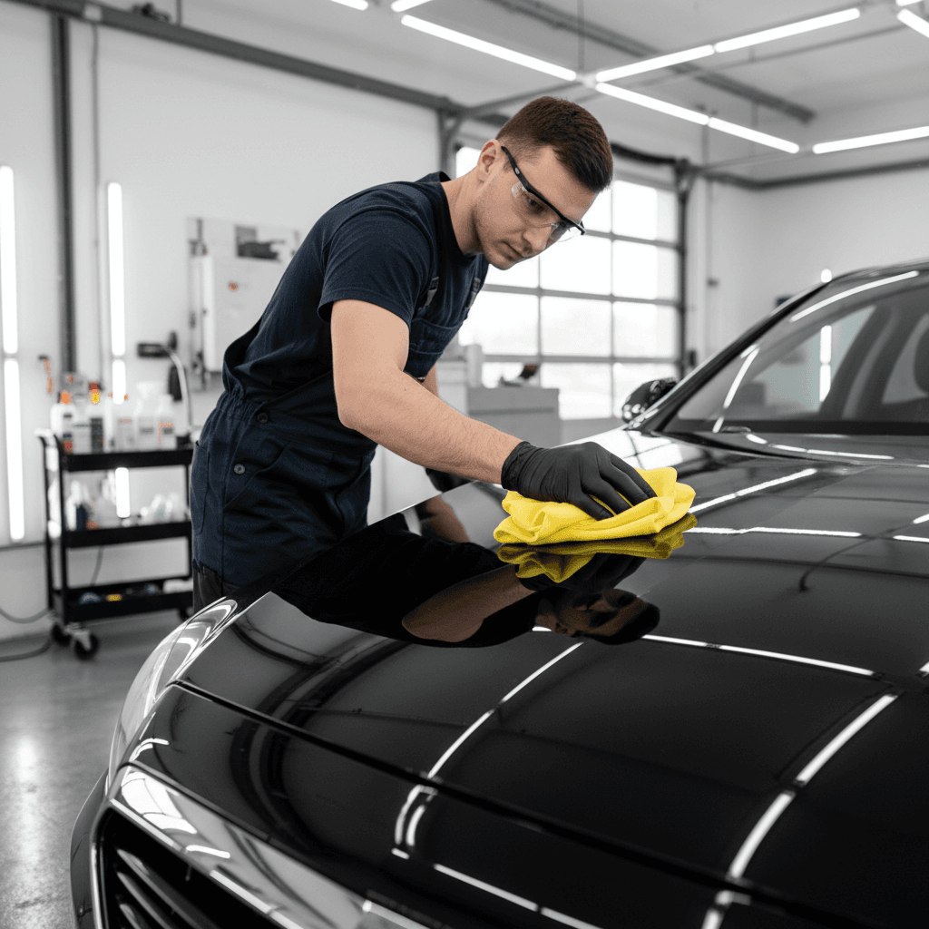 Professional detailing technician polishing car exterior
