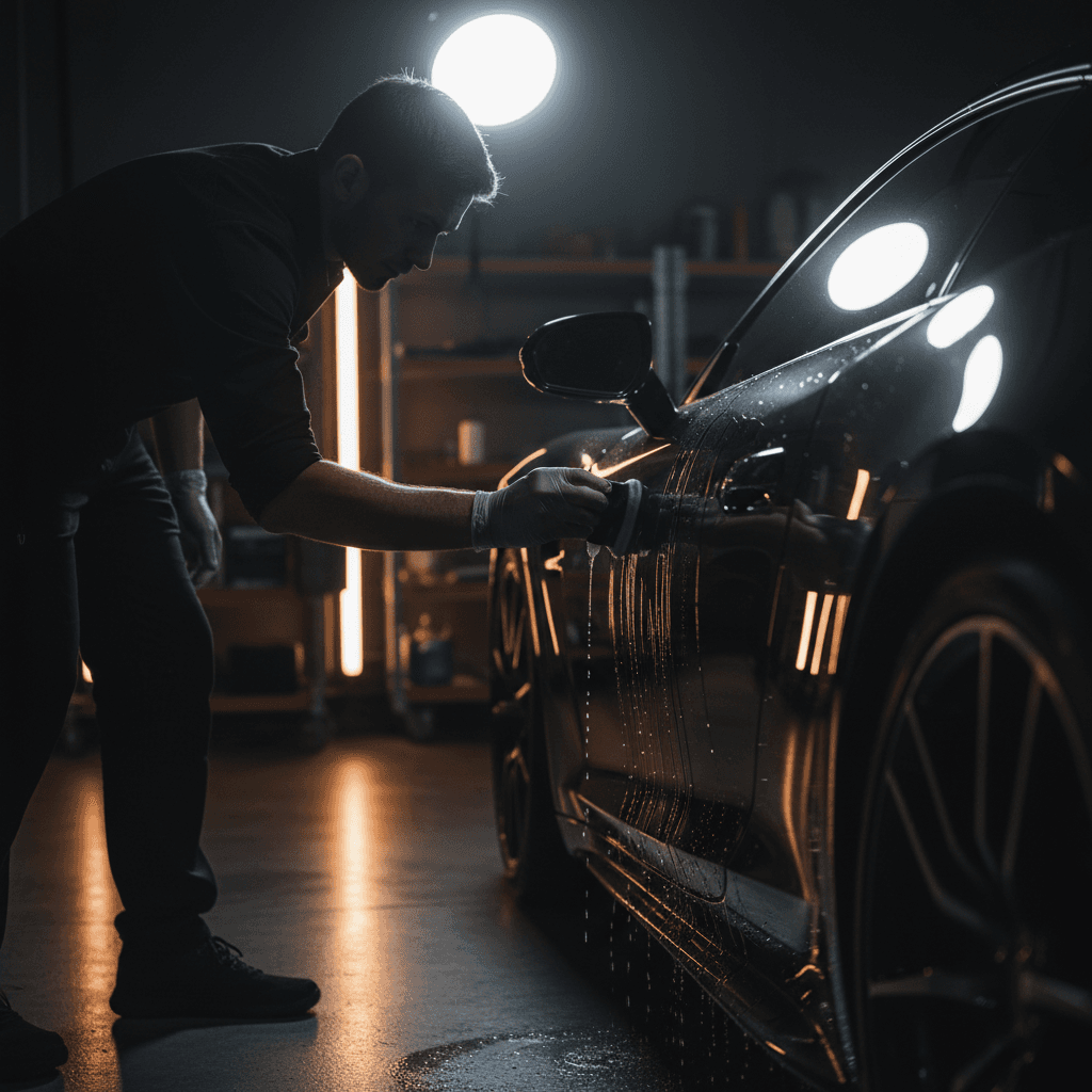 Technician applying ceramic coating to vehicle panel with water beading effect