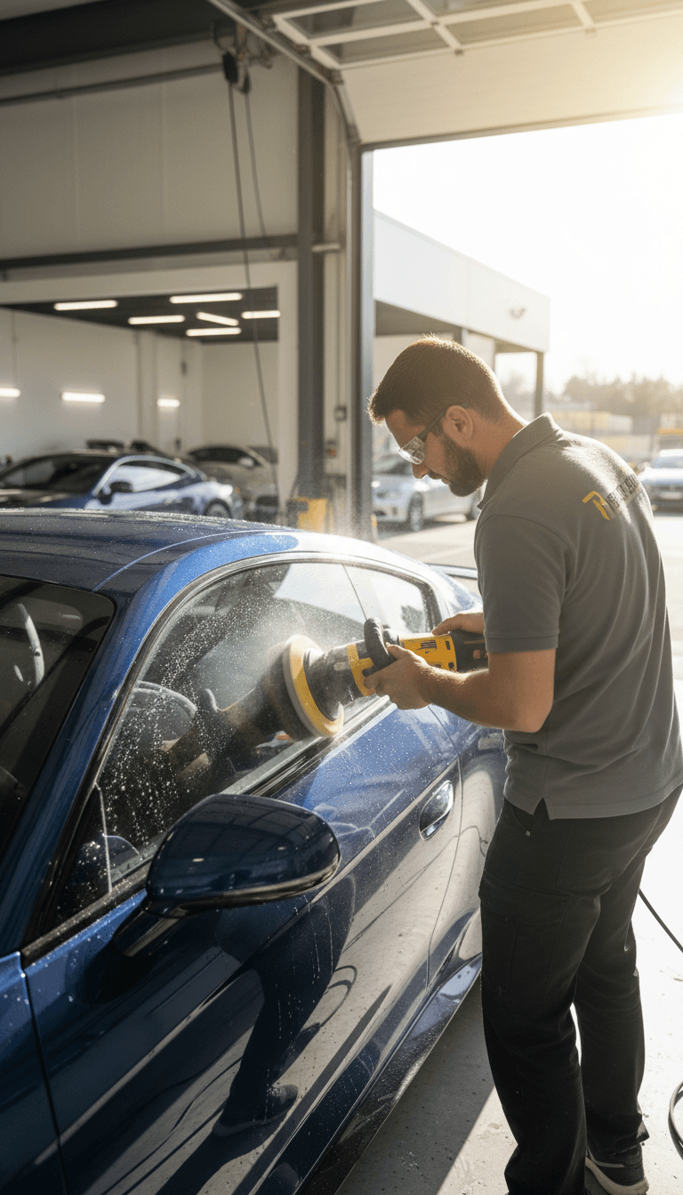 Mobile detailer polishing a car's exterior with professional equipment