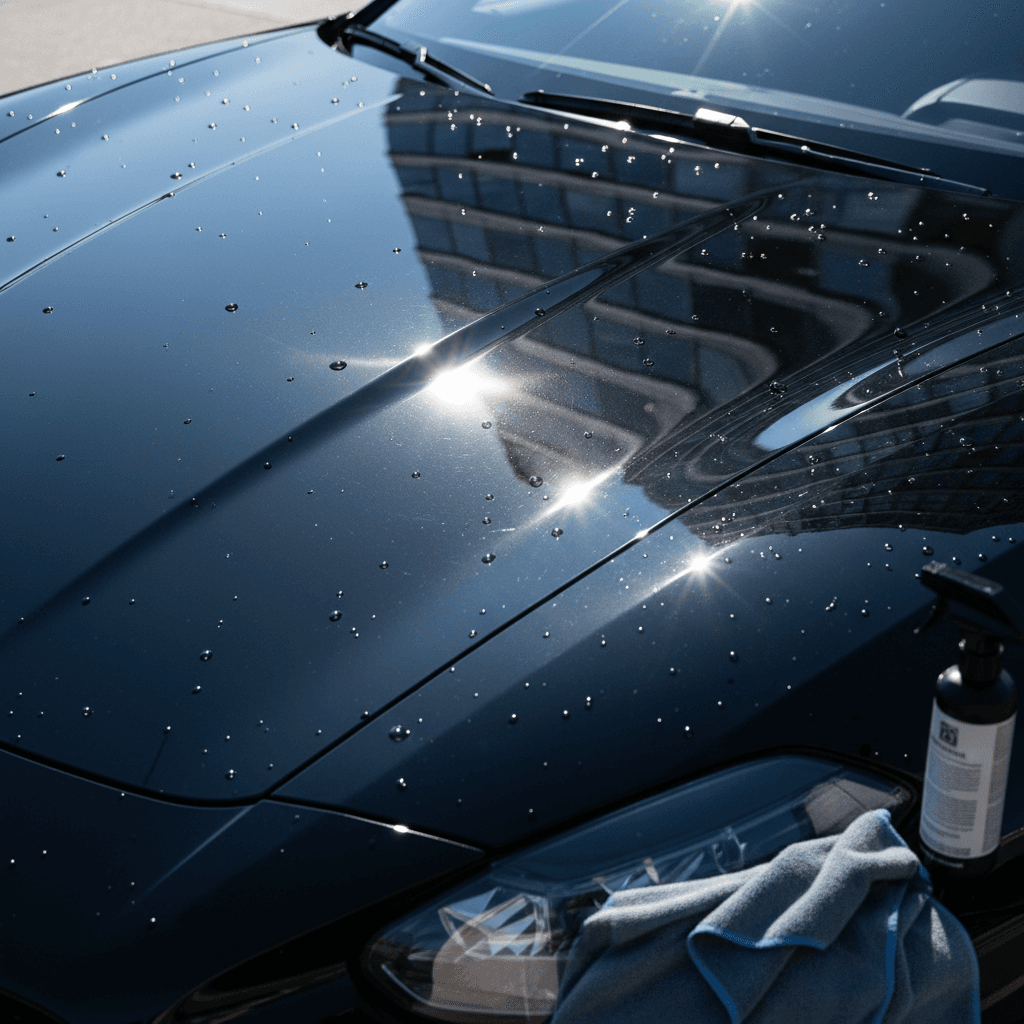 Close-up of a freshly washed vehicle's gleaming paint finish