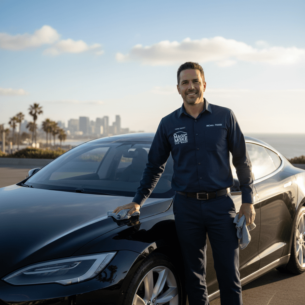 Michael Fisher standing next to a detailed Tesla in San Diego sunlight
