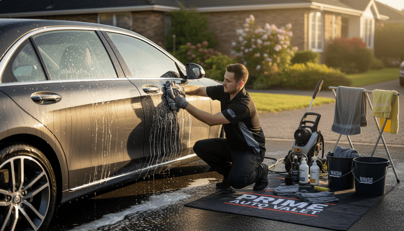Mobile car wash in action
